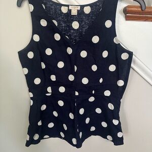 J. Crew Navy and White Polka Dot Women's Linen Peplum Top